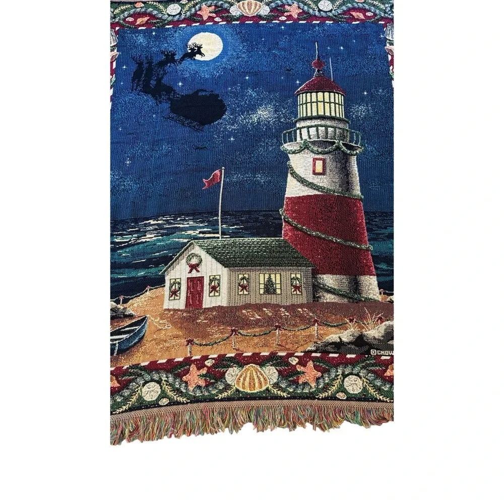 Crown Crafts Woven Throw Blanket Santa Lighthouse Beach Christmas Shells Night